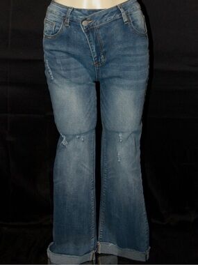 High Rise Asymmetrical Button Flare Jeans Distressed Medium Wash